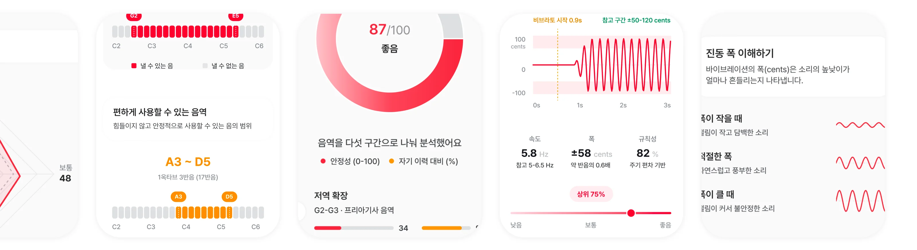 음역·음정·비브라토·진동 폭 분석 리포트 카드